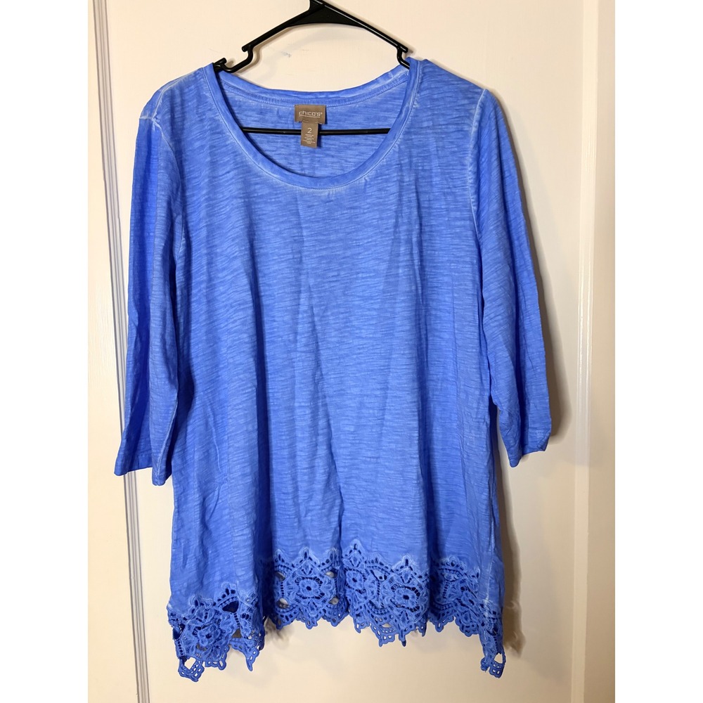 Chicos Blue Slub Knit Crochet Lace Trim Top 3/4 Sleeve Cotton Scoop Neck Size 2